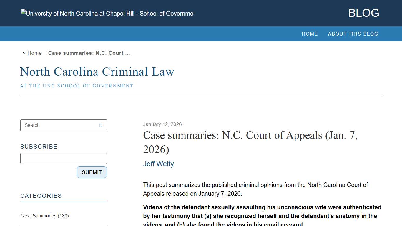 Case summaries: N.C. Court of Appeals (Jan. 7, 2026) – North Carolina Criminal Law